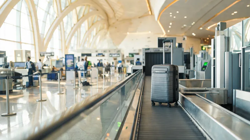 Dubai International Airport terminal interior with luggage on a security conveyor belt during standard customs screening