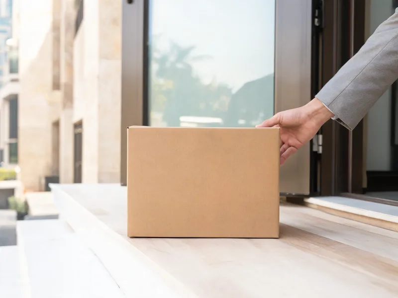 Plain unmarked brown cardboard box on a modern doorstep, showing how discreet packages arrive in Dubai