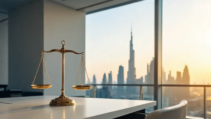 Balanced judicial scales with Dubai skyline through window at golden hour, showing the contrast between UAE legal statute and marketplace reality