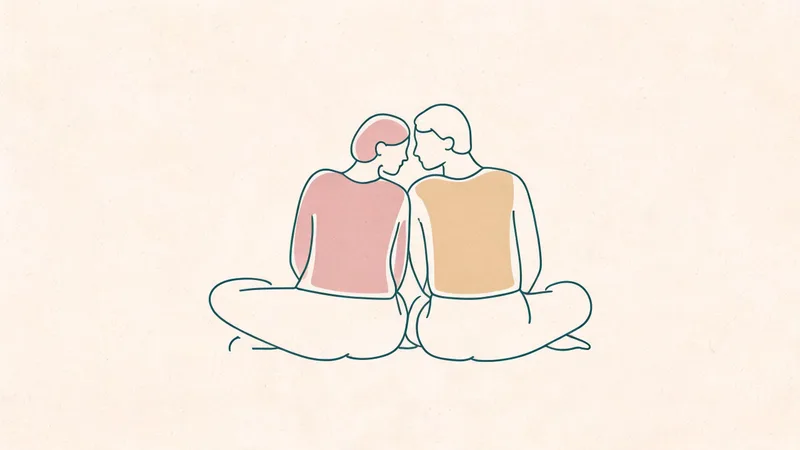 Minimalist line-art illustration of two clothed figures sitting close together, heads leaning toward each other, in warm muted tones suggesting closeness and trust