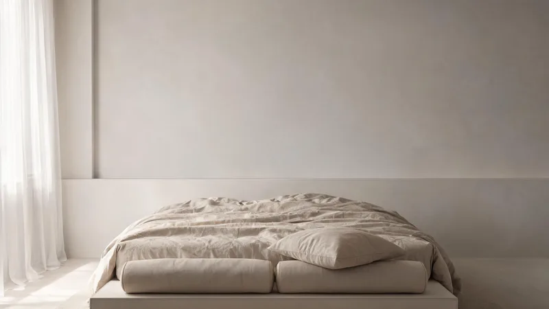 An empty minimalist bedroom in soft morning light, with a low linen-dressed bed, bolster cushions and a folded wedge pillow at the foot, and sheer curtains diffusing daylight across a plain plaster wall