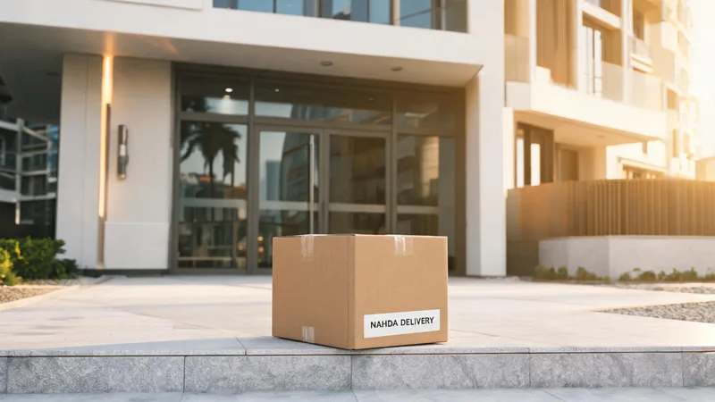 A plain, unmarked brown cardboard box on a modern Dubai apartment doorstep in morning light, indistinguishable from any other ecommerce delivery