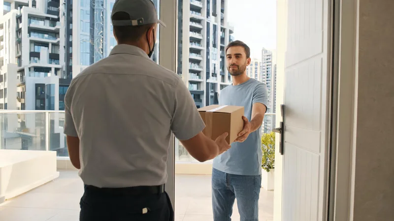 A courier in plain uniform handing a sealed brown cardboard box to a customer at the entrance of a modern Dubai residential apartment building