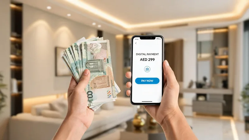 UAE Dirham cash in one hand and a smartphone showing a digital payment app in the other, the two main payment options for discreet sex toy purchases