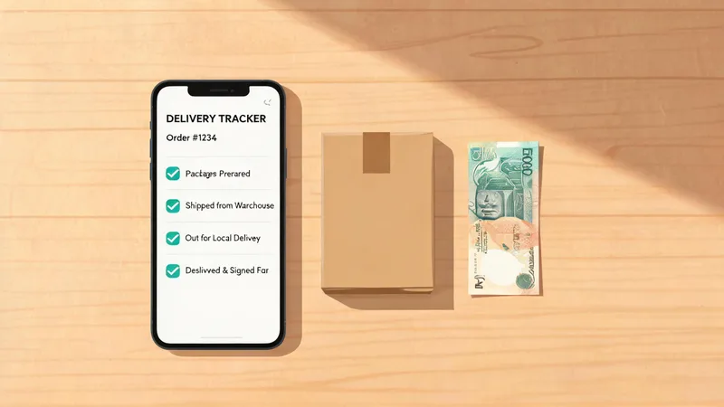 A flat-lay of a smartphone showing a delivery tracking checklist app next to a sealed plain brown package and a UAE dirham banknote