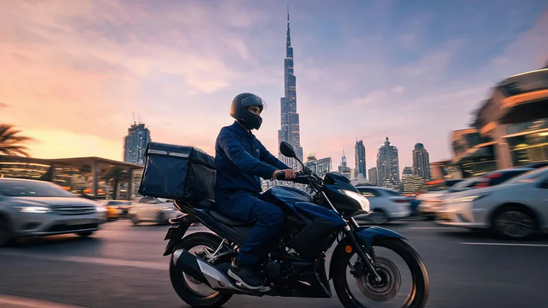 A courier on a motorbike weaving through a busy Dubai street at dusk with the illuminated skyline in the background