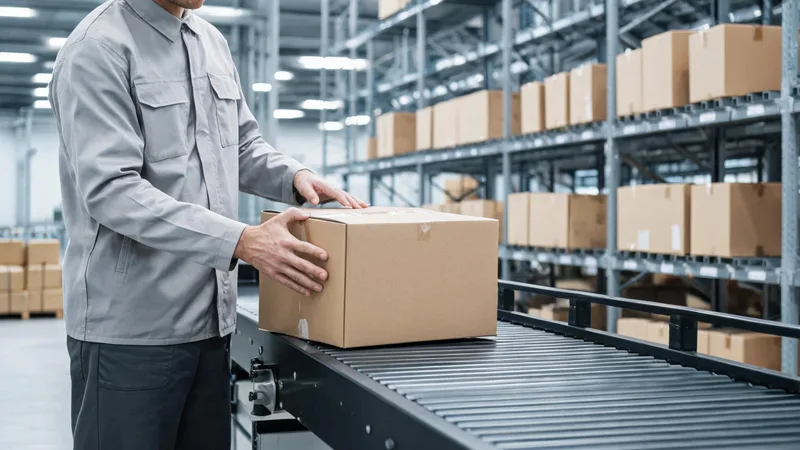 A worker in a clean modern warehouse fulfillment center placing a sealed plain brown box on a packing conveyor under bright industrial lighting