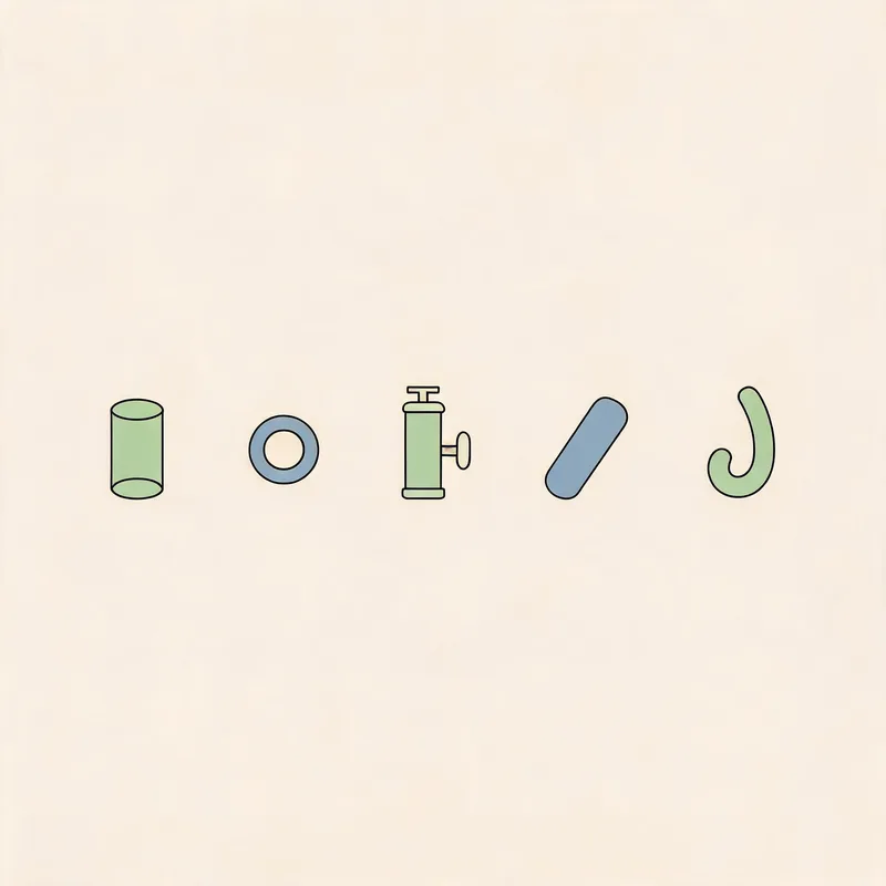 Minimalist line-drawn silhouettes of five male sex toy shapes: a stroker cup, cock ring, pump cylinder, penile sleeve, and prostate massager, on a pastel background