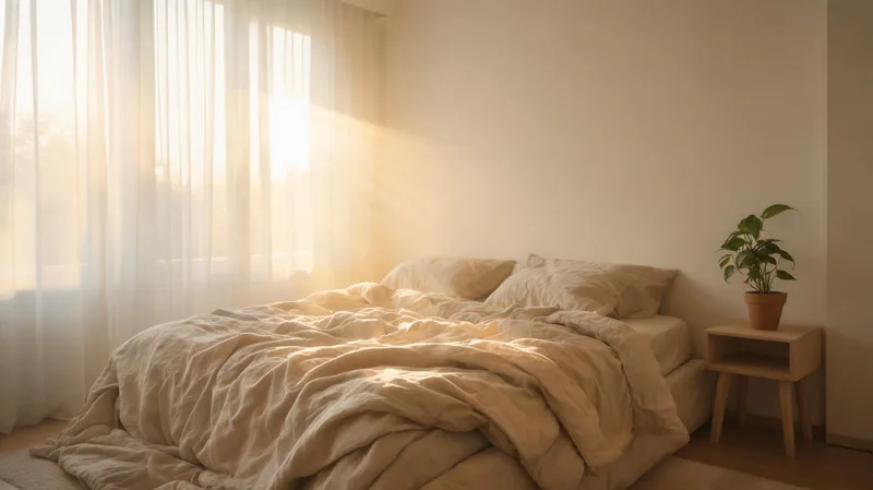 A serene minimalist bedroom in soft golden morning light, sunlight filtering through sheer white curtains onto natural linen sheets