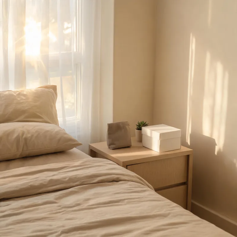 A softly lit bedside table holding a plain white box and a small matte pouch beside a neatly made bed, conveying privacy and a calm first purchase