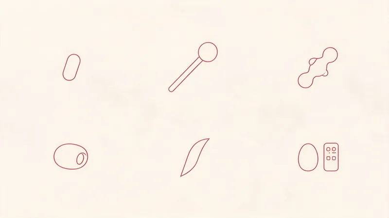 Six minimalist line-drawn silhouettes on a pastel background showing the six main vibrator types: bullet, wand, rabbit, air-pulse, G-spot, and remote-controlled