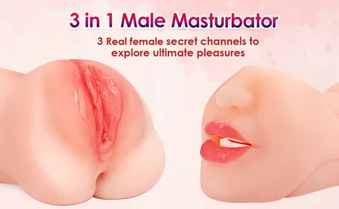 Angle view showing the mouth vaginal and anal entrances of the 3-in-1 masturbator