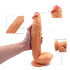 Hand holding the realistic dildo with inset close-ups of the veined texture glans and base