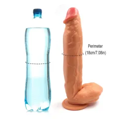 Perimeter diagram comparing the 18cm girth of the dildo with a water bottle