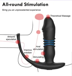 Black 3-in-1 anal vibrator showing stimulation zones along the thrusting shaft