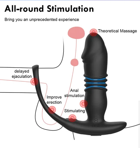 Black 3-in-1 anal vibrator showing stimulation zones along the thrusting shaft