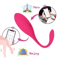 Rose red U-shaped wearable vibrator with app control shown paired to two smartphones