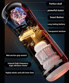 Auto telescopic masturbator in hand showing the transparent window and mid-section grip