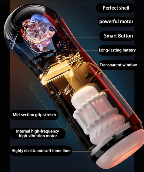 Auto telescopic masturbator in hand showing the transparent window and mid-section grip