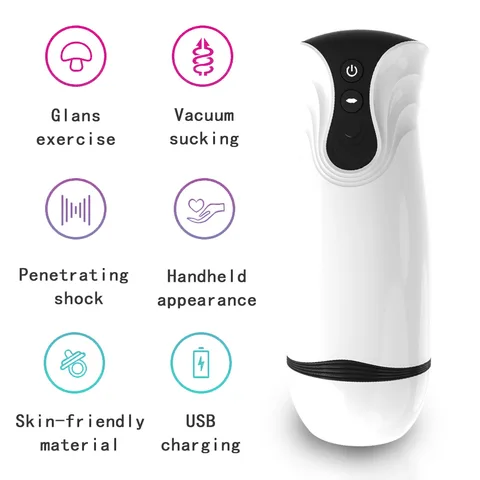 Infographic of glans exercise, vacuum sucking, penetrating shock and USB charging features