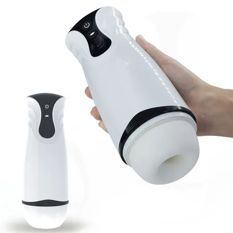 Ergonomic white automatic masturbator cup held in one hand
