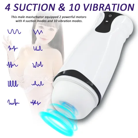 White automatic male masturbator cup with 4 suction and 10 vibration modes