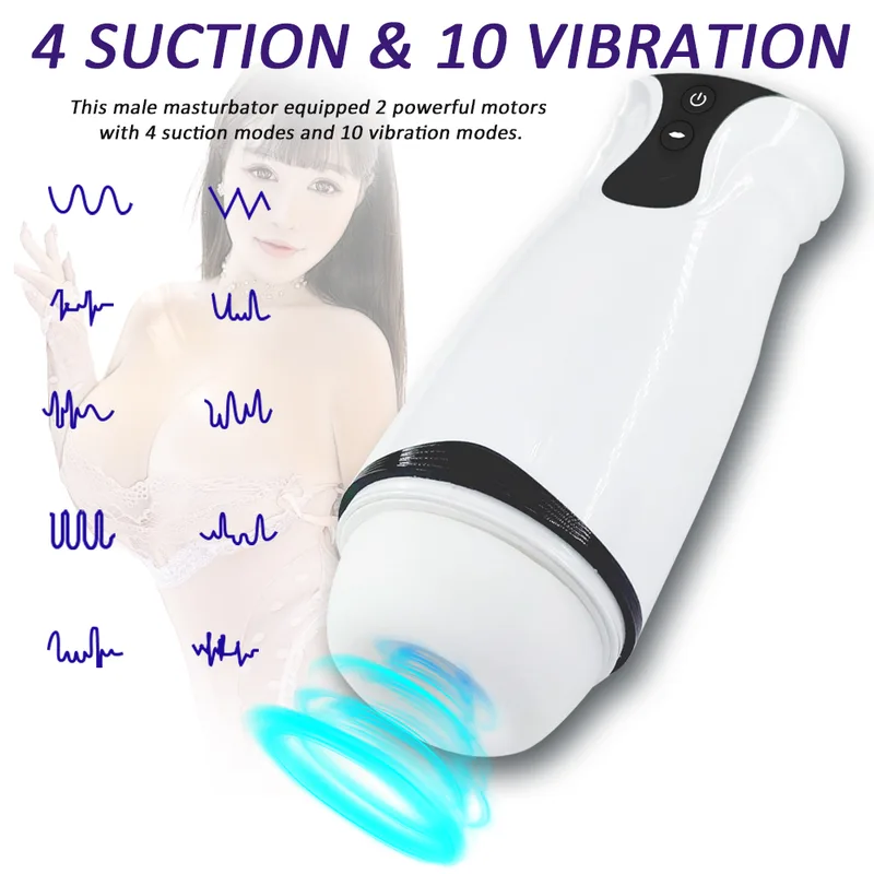 White automatic male masturbator cup with 4 suction and 10 vibration modes