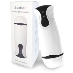 White Suction Vibrating Masturbator gift box beside the device