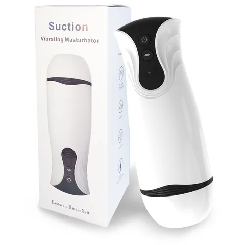 White Suction Vibrating Masturbator gift box beside the device