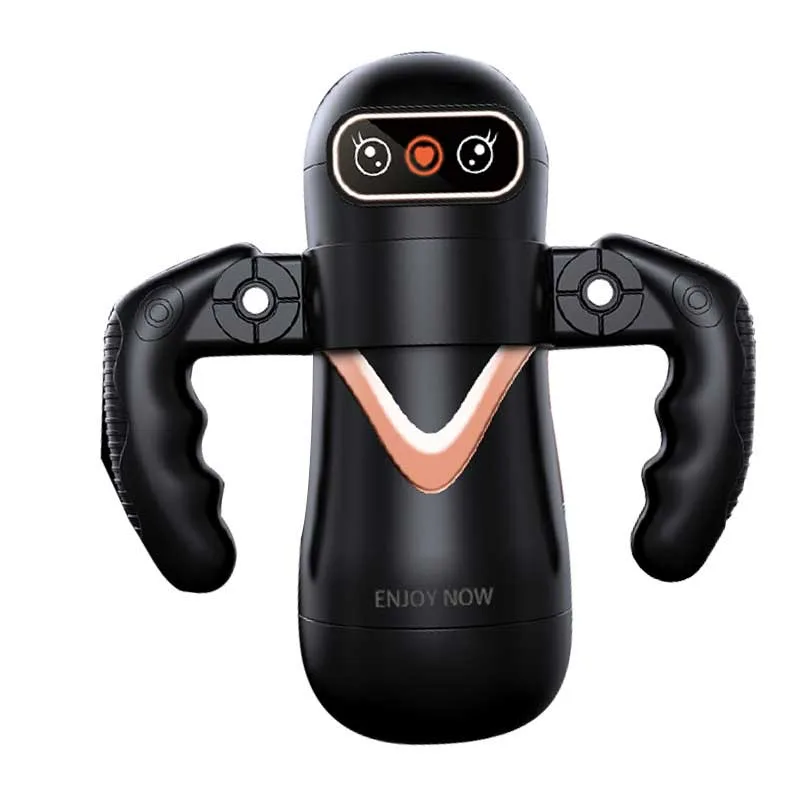 Automatic telescopic masturbator in hand with transparent window and mid-section grip