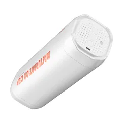 White cup top panel with moaning speaker grille and three buttons beside the charging port