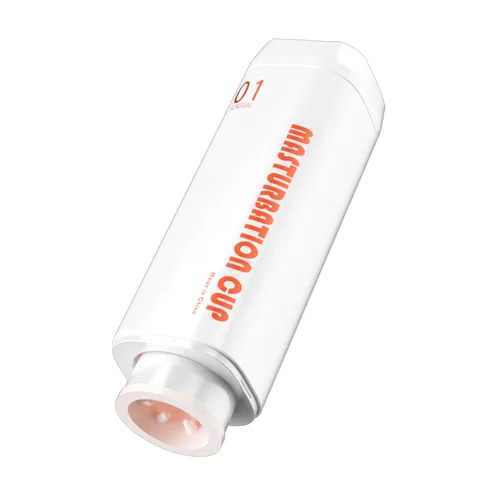 White YB06 automatic thrusting masturbation cup showing the soft peach inner sleeve opening