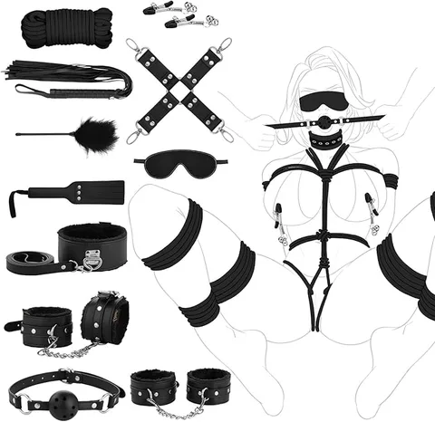 Complete 11-piece BDSM bondage kit arranged as a full set