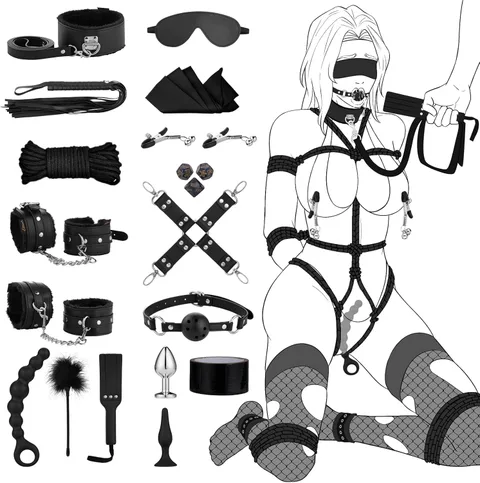 Full bondage restraint set laid flat showing all eleven pieces
