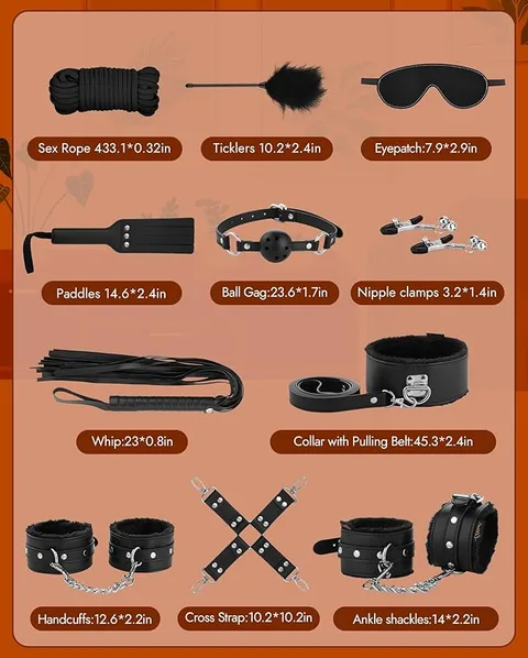 Bondage kit pieces with ruler showing strap and rope dimensions