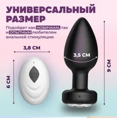 Size reference showing the plug at 9cm tall and 3.5cm across beside the handheld remote