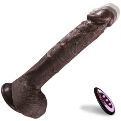 Realistic 1:1 dark brown thrusting vibrating dildo with textured skin and veined shaft