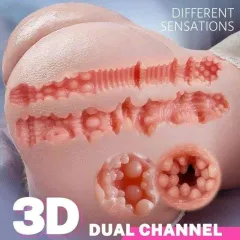 View of the deep internal channel texture inside the dual-channel butt masturbator