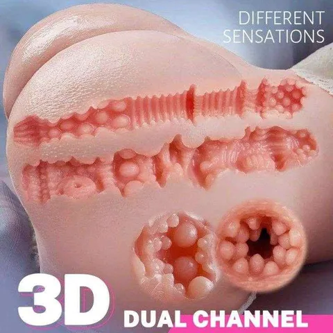 View of the deep internal channel texture inside the dual-channel butt masturbator