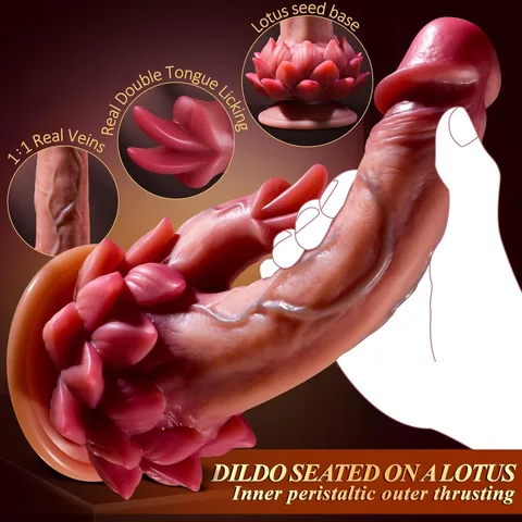 Dildo Seated on Lotus Inner Peristaltic Outer Thrusting 1:1 Real Veins Double Tongue Licking Lotus Seed Base