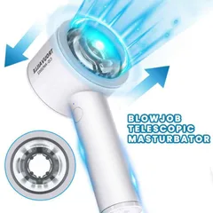 Blowjob telescopic masturbator cup with up and down motion arrows and the LED ring lit