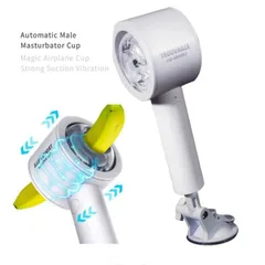 Automatic male masturbator cup locked onto a flat surface by its suction base