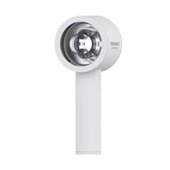 White TROUVAILLE blowjob telescopic masturbator cup with a chrome opening on a handheld handle