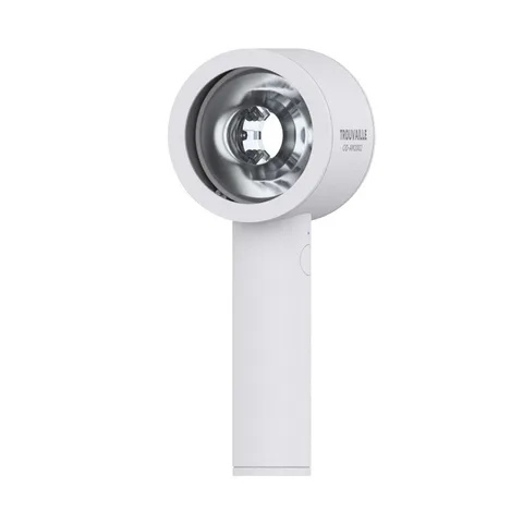 White TROUVAILLE blowjob telescopic masturbator cup with a chrome opening on a handheld handle