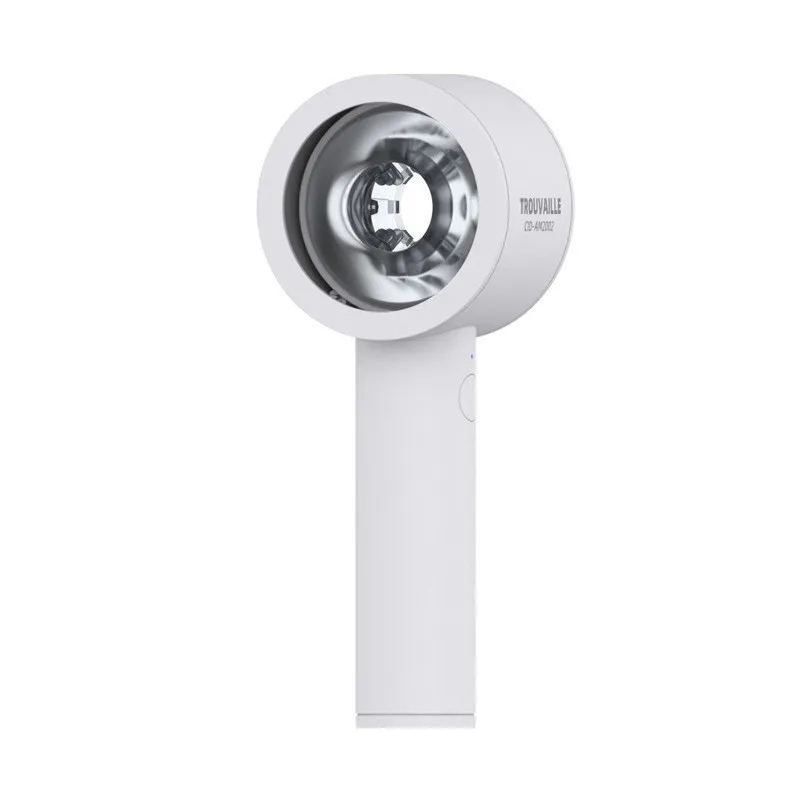 White TROUVAILLE blowjob telescopic masturbator cup with a chrome opening on a handheld handle