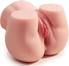 Realistic butt doll underside view showing sculpted labia and both textured channel openings