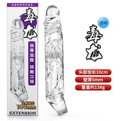 Clear penis extender sleeve with a realistic glans and ribbed body