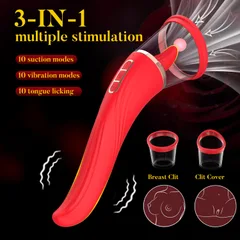 Red 3-in-1 clit sucking vibrator with tongue licking and two interchangeable covers