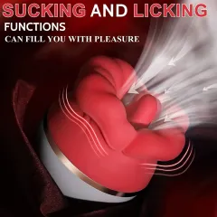 Red Lips Rose vibrator with airflow arrows showing combined sucking and licking functions