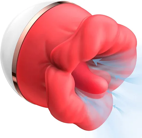 Red Lips Rose vibrator with arrows illustrating air-pressure suction flowing into the floral head